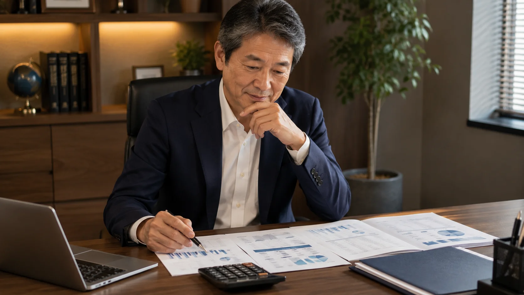 M&Aの費用や手数料を検討する日本人経営者が財務資料と電卓を前に落ち着いて考えるオフィスのシーン