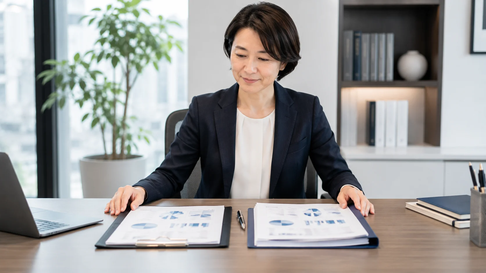 M&Aのメリットとリスクを比較検討する日本人女性経営者が複数の資料を前に冷静に判断する様子