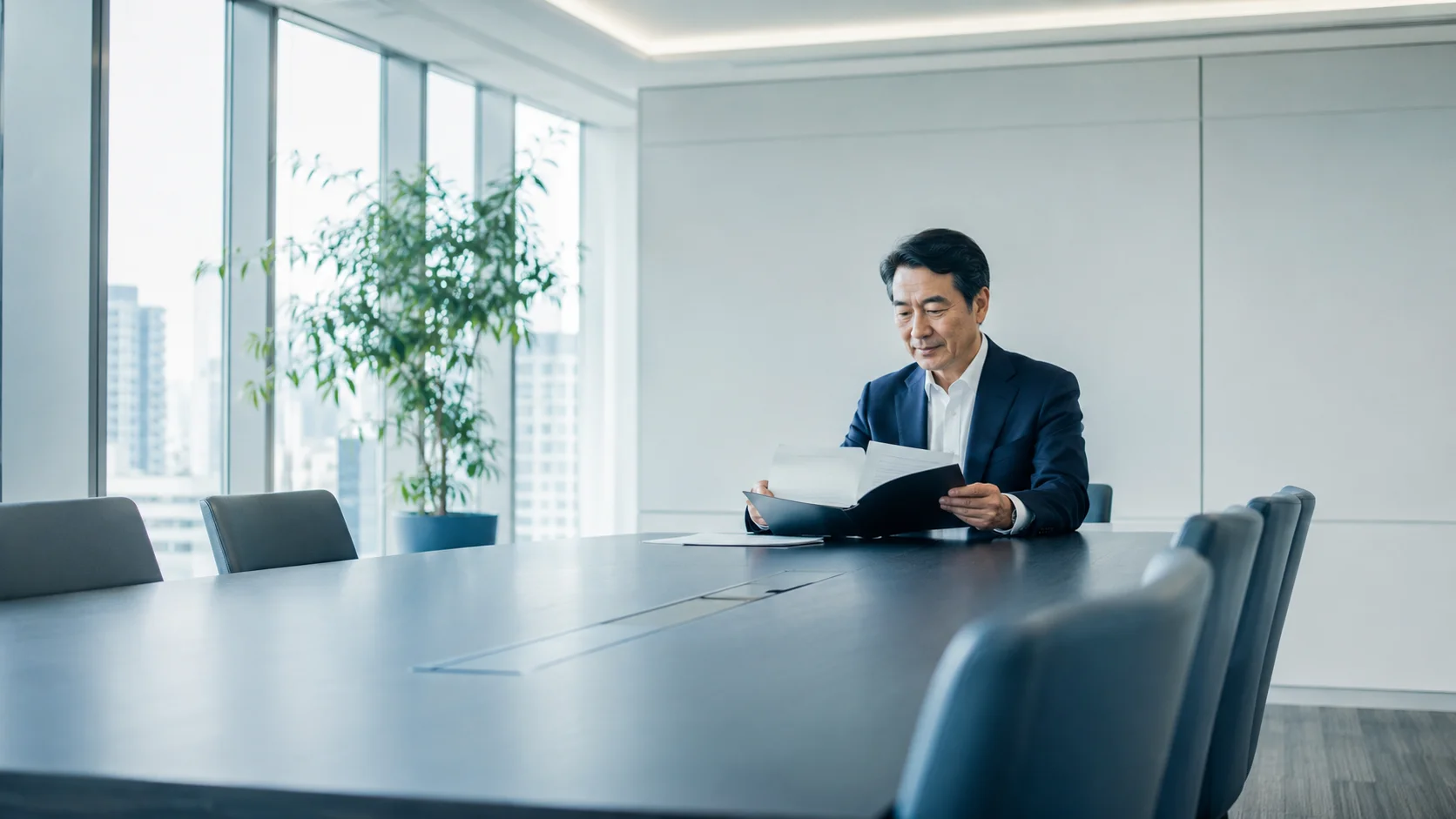 M&Aの流れを検討からクロージングまで解説する記事のイメージ。明るい会議室で資料を確認する日本人経営者