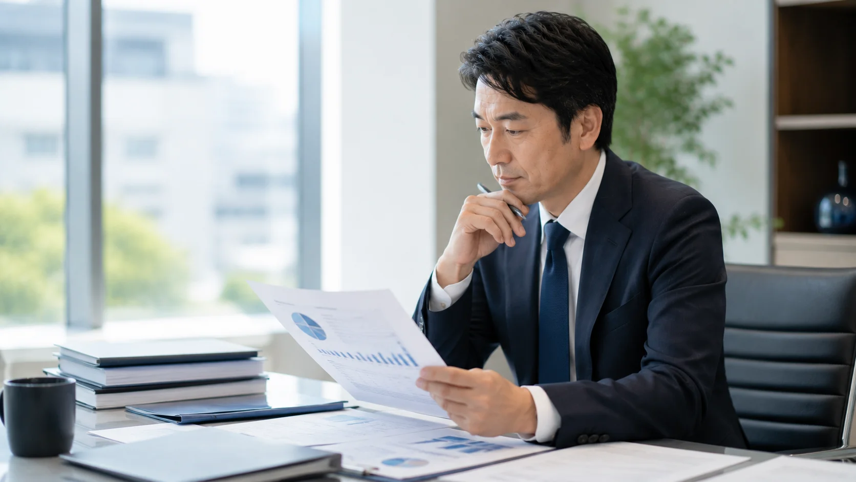 デスクで財務資料を手に取り落ち着いて検討する日本人男性経営者の横顔、デューデリジェンスが必要な目的を表すイメージ