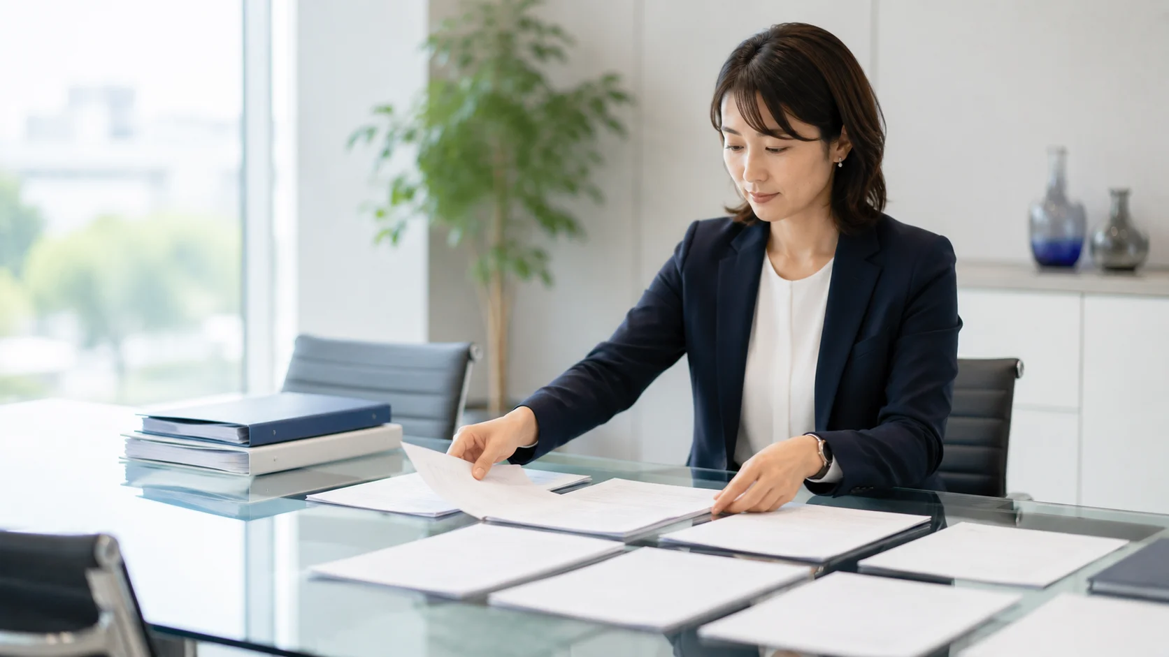 ガラステーブルで書類を順序立てて整理する日本人女性専門職、デューデリジェンスの流れと期間を示すイメージ