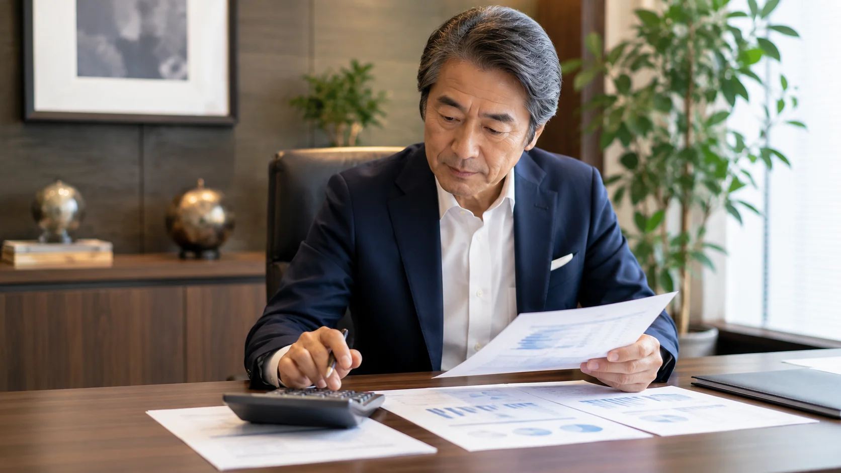 経営者オフィスで電卓と財務書類を前に費用を検討する日本人男性経営者、デューデリジェンスの費用を考えるイメージ