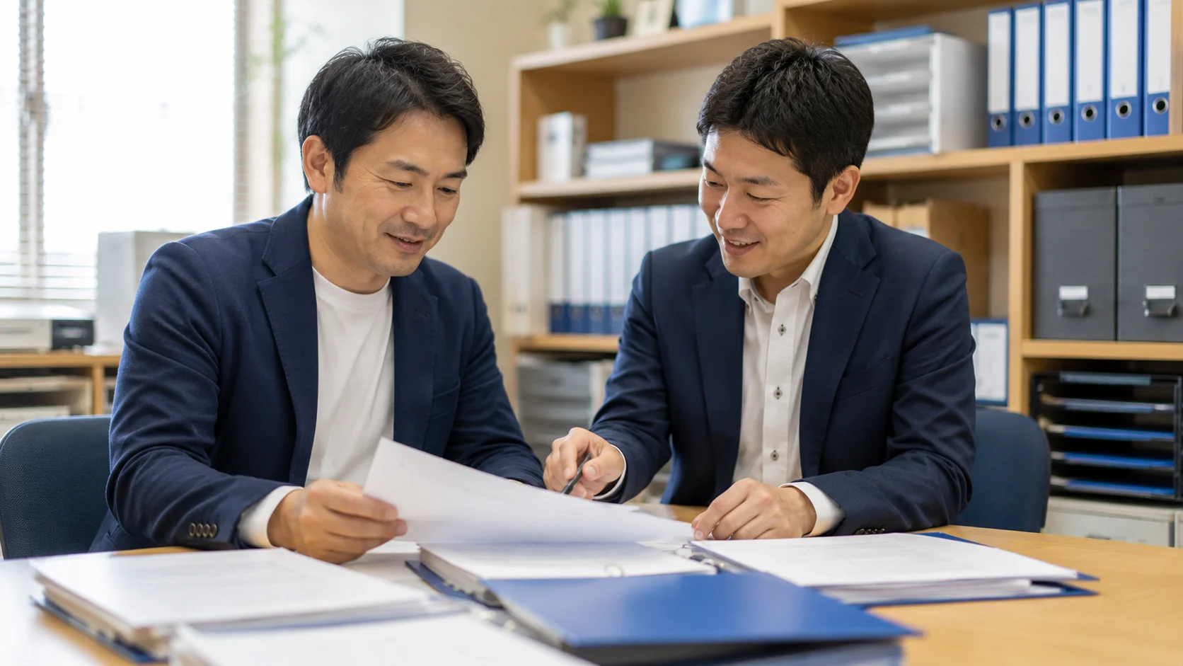 自社の資料を前に会計担当者と前向きに準備を進める日本人男性オーナー、セルサイドデューデリジェンスを表すイメージ