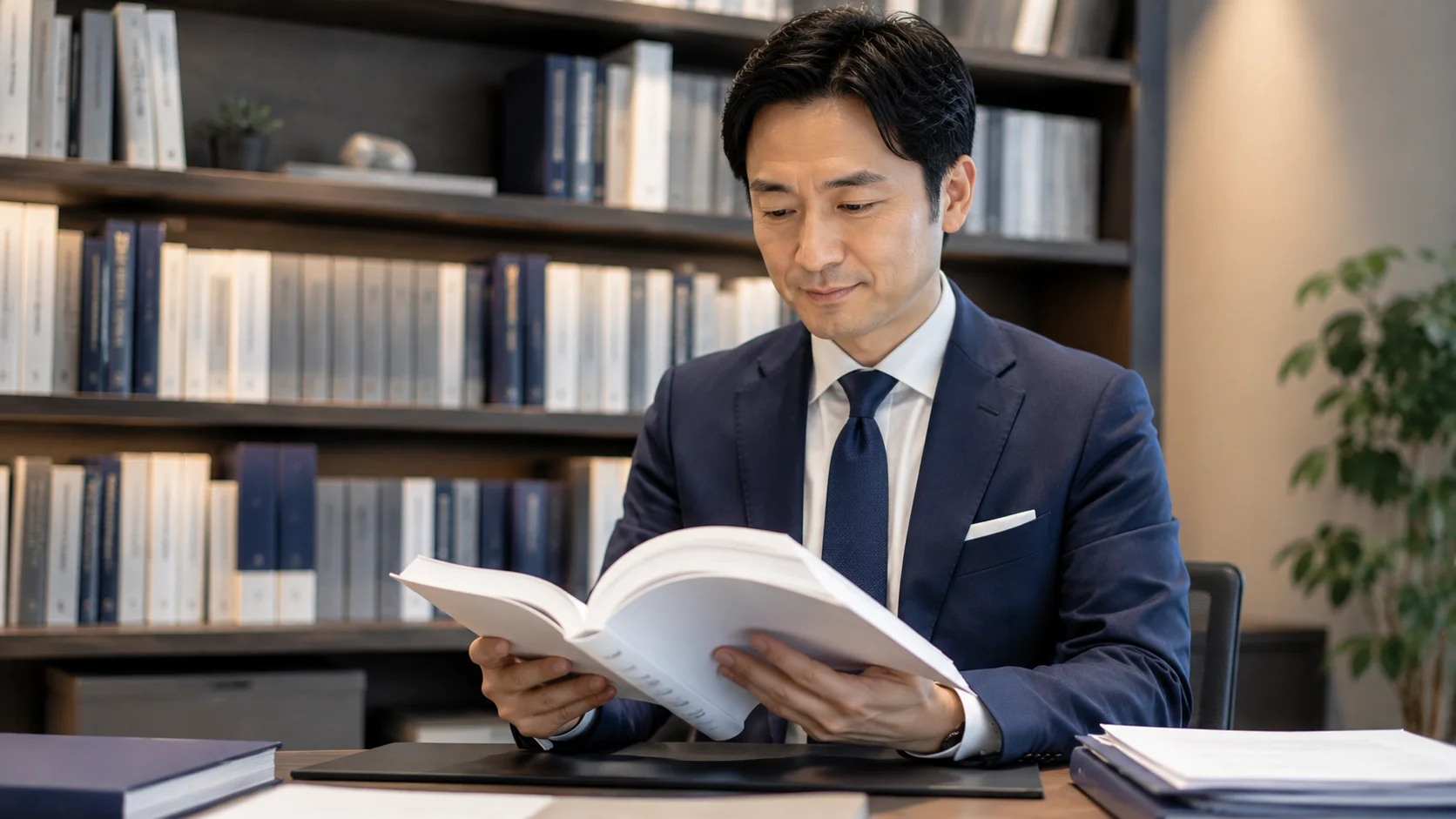 資料棚を背景に分厚い資料を確認する日本人男性アドバイザー、中小M&Aガイドラインと売り手保護を表すイメージ