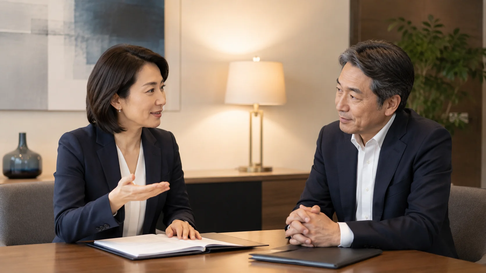 相談テーブルで穏やかに質問へ答える日本人女性アドバイザーと耳を傾ける男性経営者、デューデリジェンスのよくある質問を表すイメージ