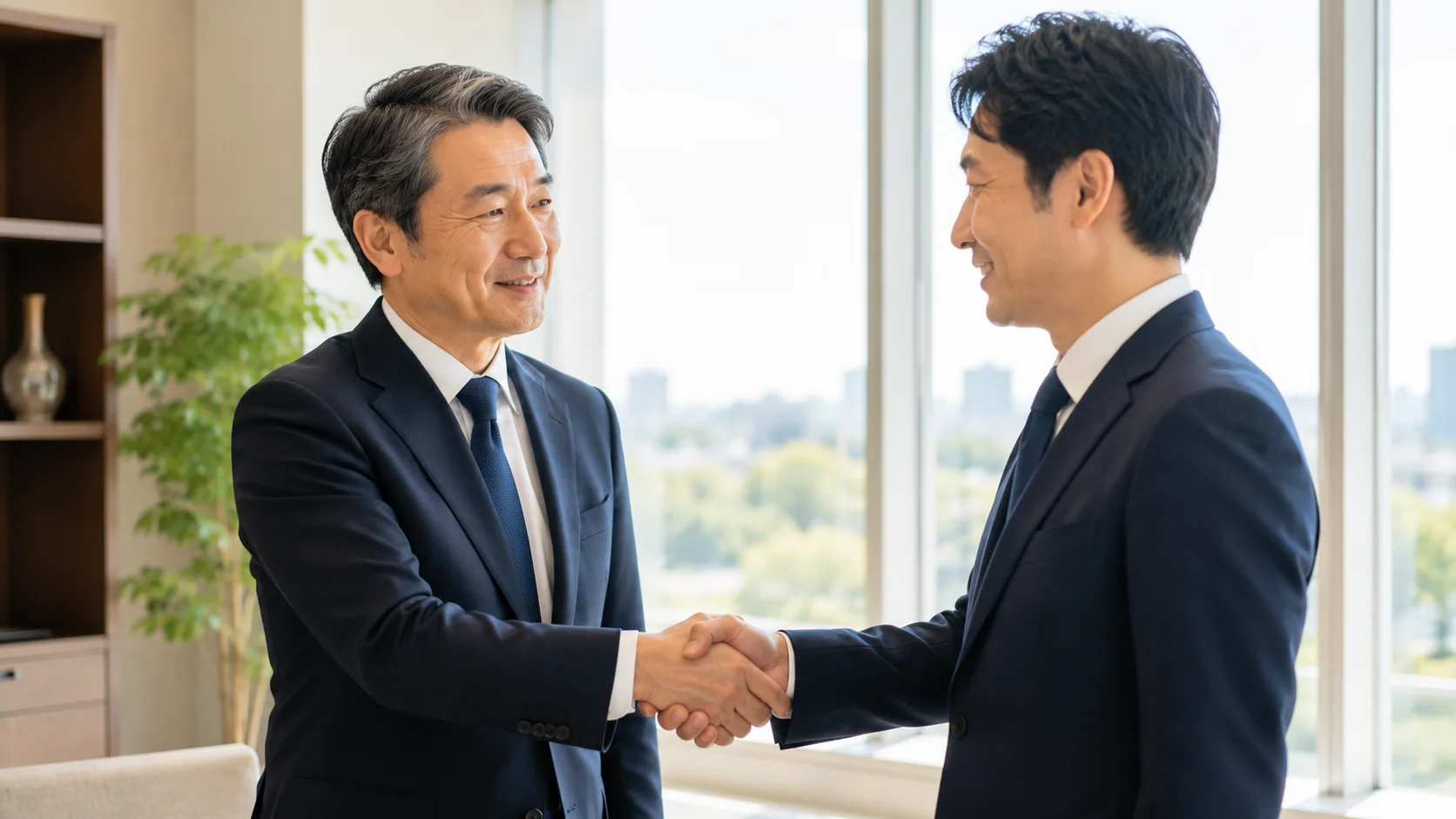 明るいオフィスで握手を交わす日本人経営者とアドバイザー、納得してM&Aを進めるまとめのイメージ
