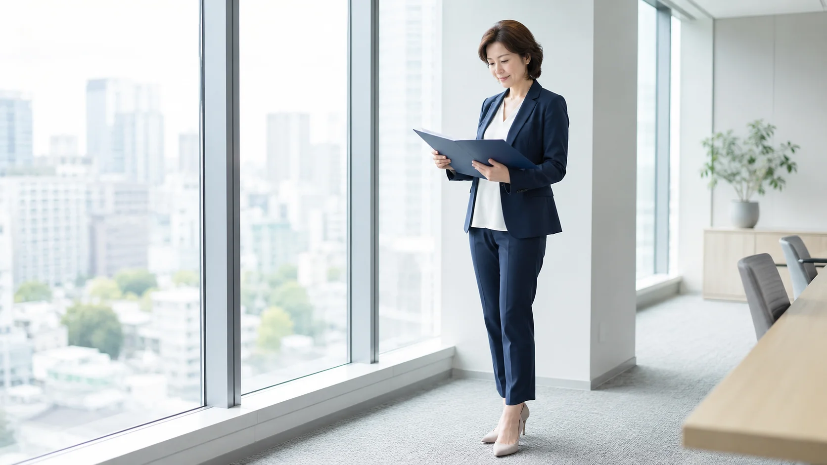 明るいオフィスの窓辺で資料を確認する日本人女性ビジネスパーソン、M&Aのデューデリジェンスを解説する記事のイメージ