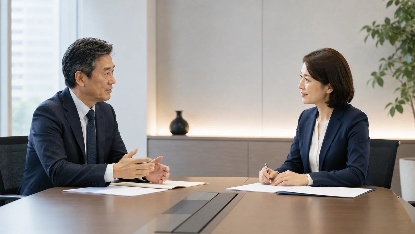 テーブルを挟んで落ち着いて話し合う日本人の売り手経営者と買い手の担当者。立場によって異なるM&Aの「失敗」の捉え方を表すイメージ