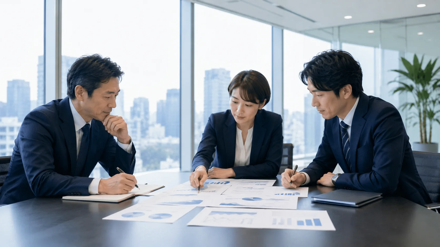 会議室で買収資料を検討する日本人のビジネスチーム。買い手側のM&A失敗要因を確認するイメージ
