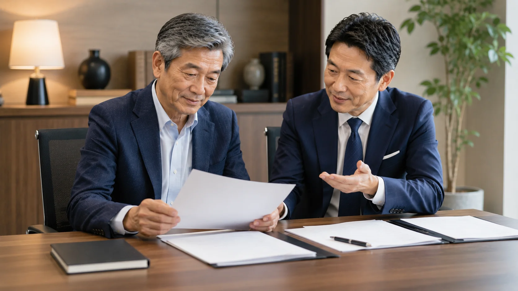 デスクで書類を見ながら専門家の説明を受ける日本人経営者。売り手が見落としやすいM&Aの失敗要因を確認するイメージ