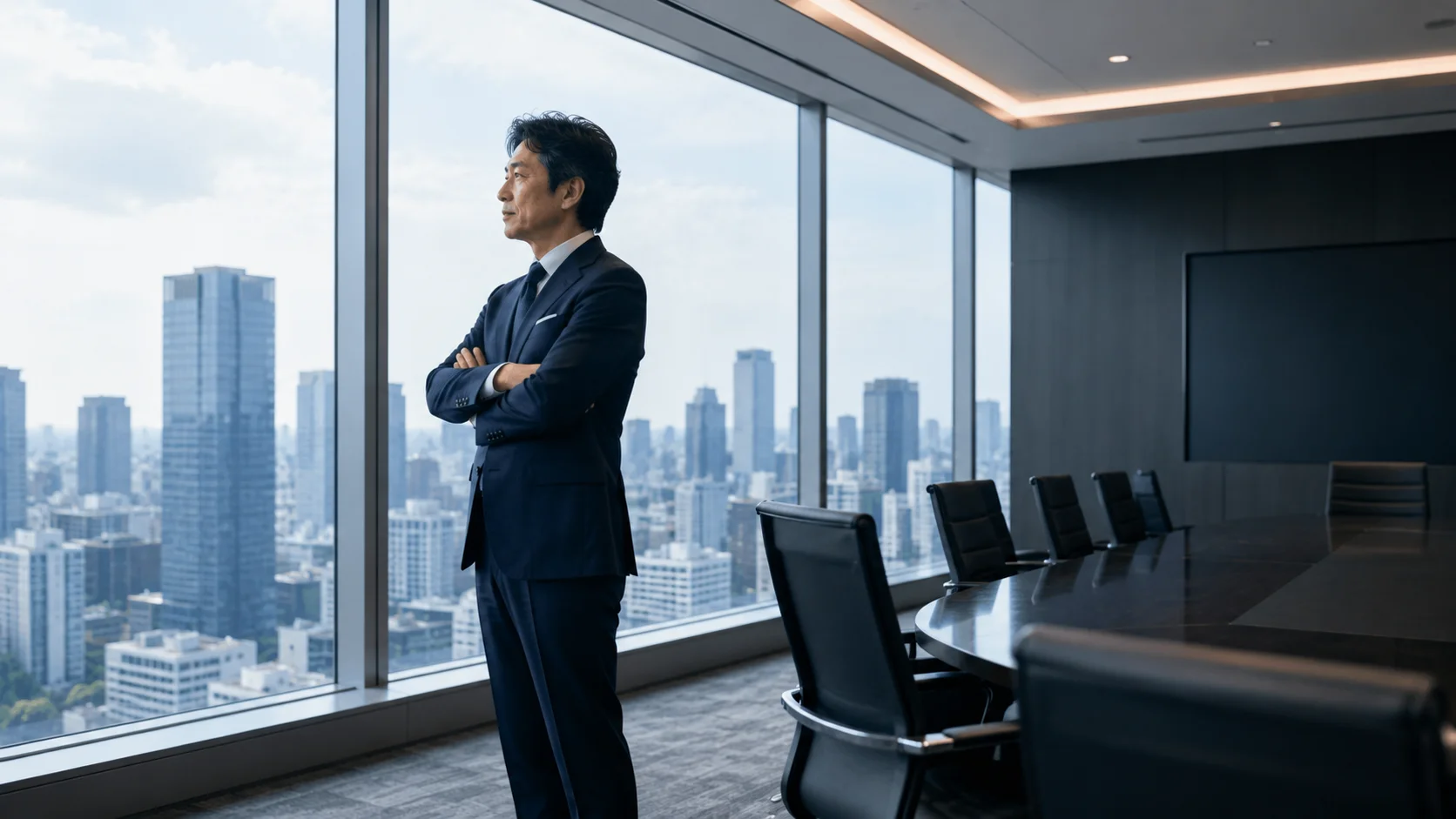 都市を望む高層オフィスの会議室に立つ日本人経営者。大企業のM&A失敗事例に共通するパターンを表すイメージ