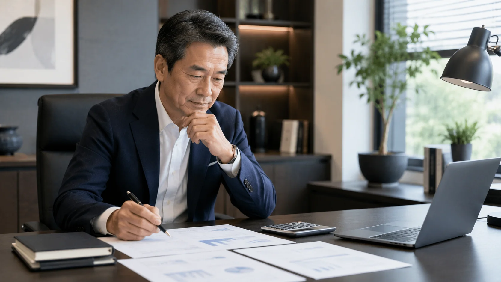 財務資料と電卓を前に落ち着いて検討する日本人経営者。企業価値評価と相場を見極めるイメージ