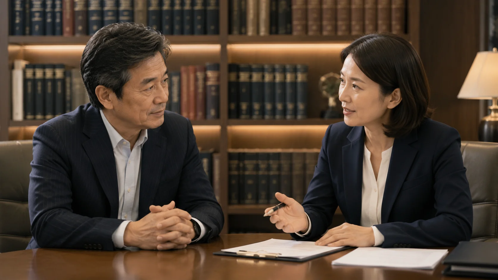 本棚を背に専門家と前向きに相談する日本人経営者。M&A失敗後の立て直しと法的リスクへの備えを表すイメージ