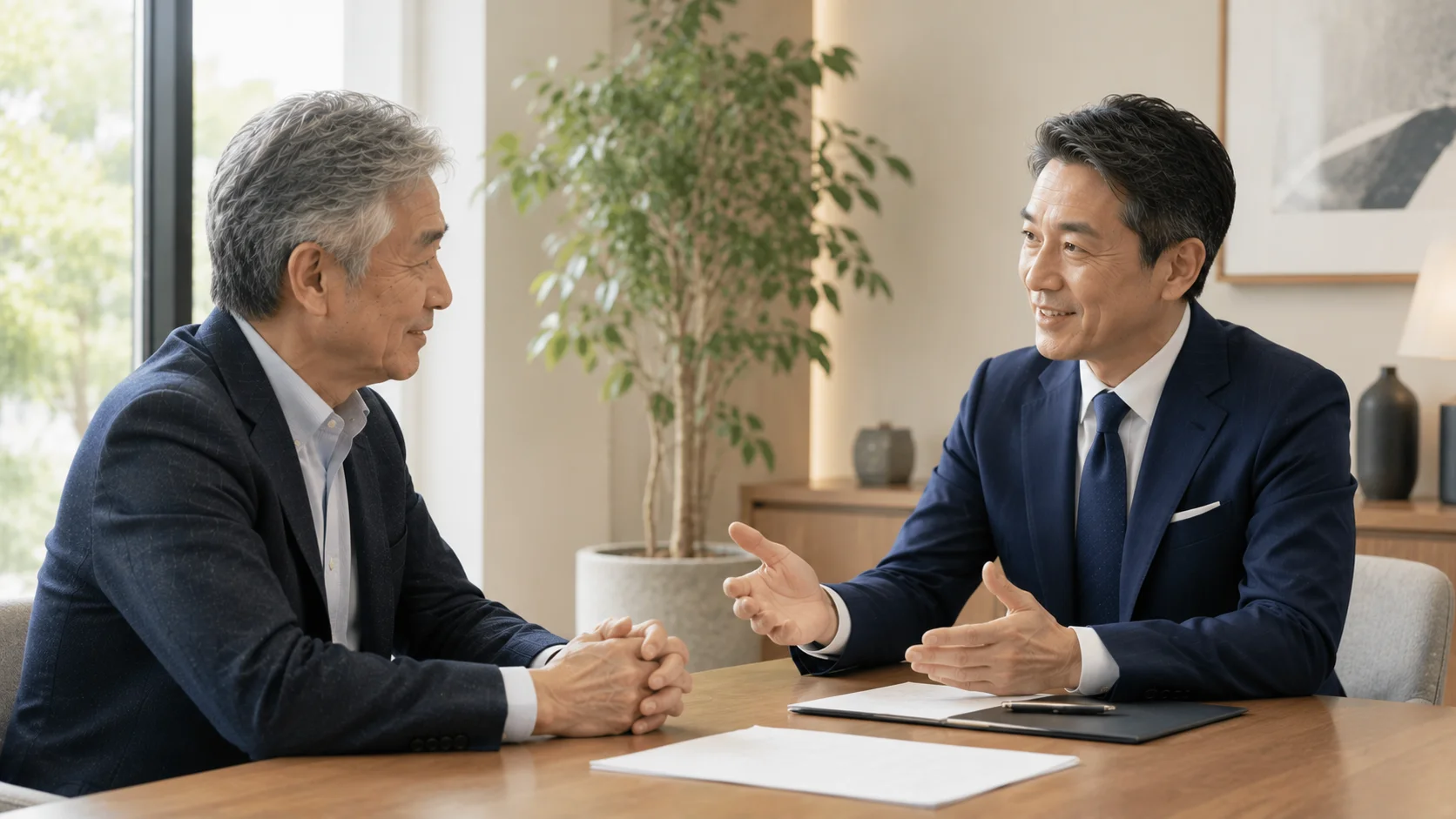 中立的な専門家と安心した表情で対話する日本人の売り手経営者。M&Aセカンドオピニオンで納得の意思決定につなげるイメージ