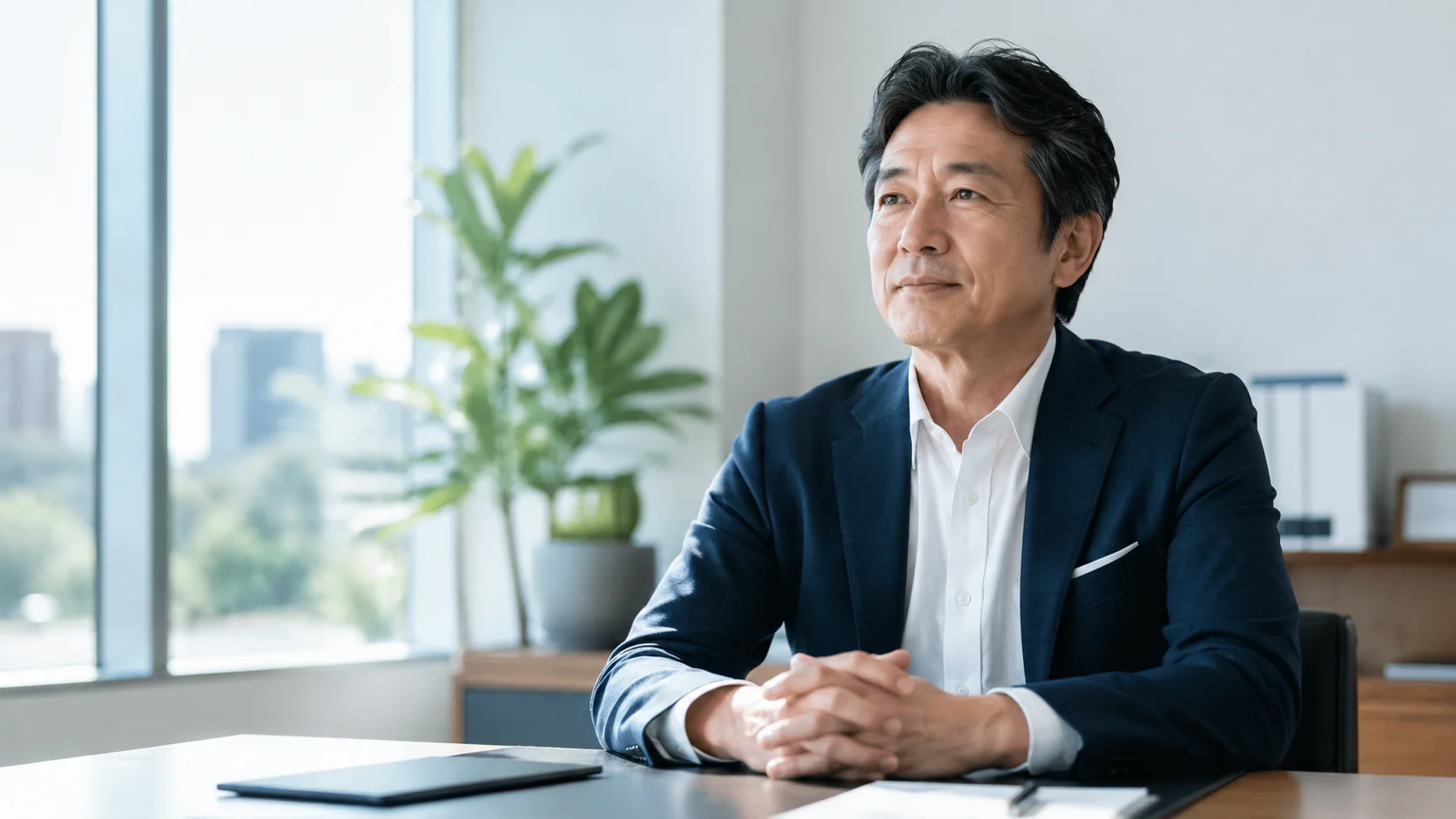 明るいモダンなオフィスの窓辺で前向きな表情を見せる日本人の中小企業経営者。M&Aの失敗を防ぎ納得のいく意思決定を目指すイメージ