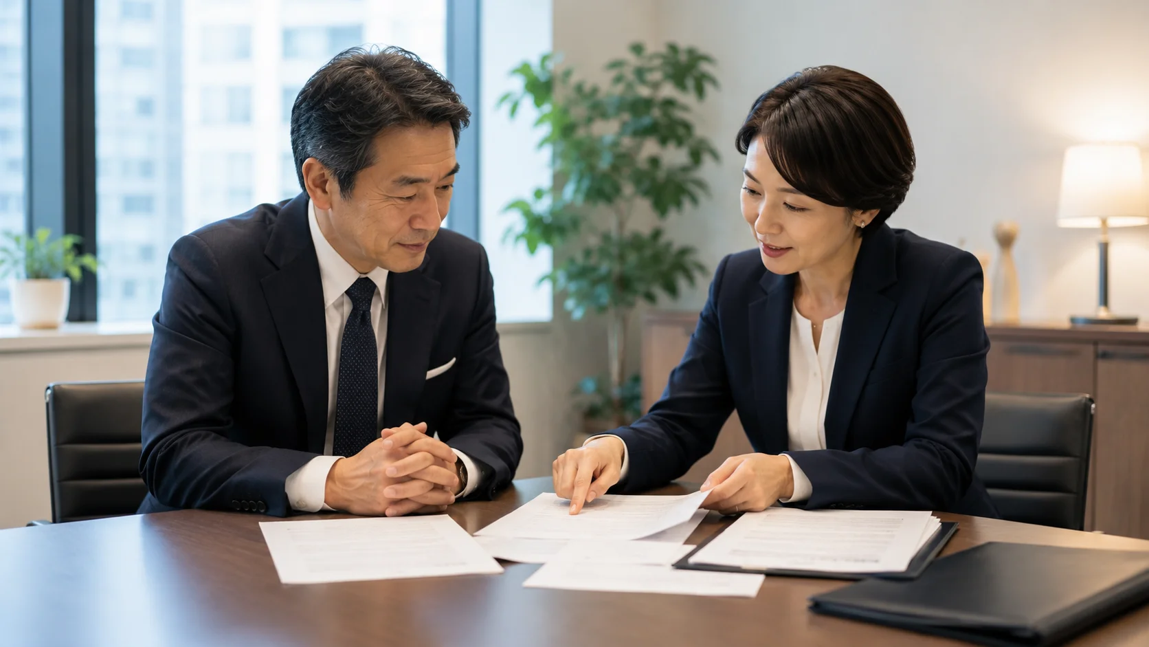 基本合意書の記載内容を確認する専門家と経営者