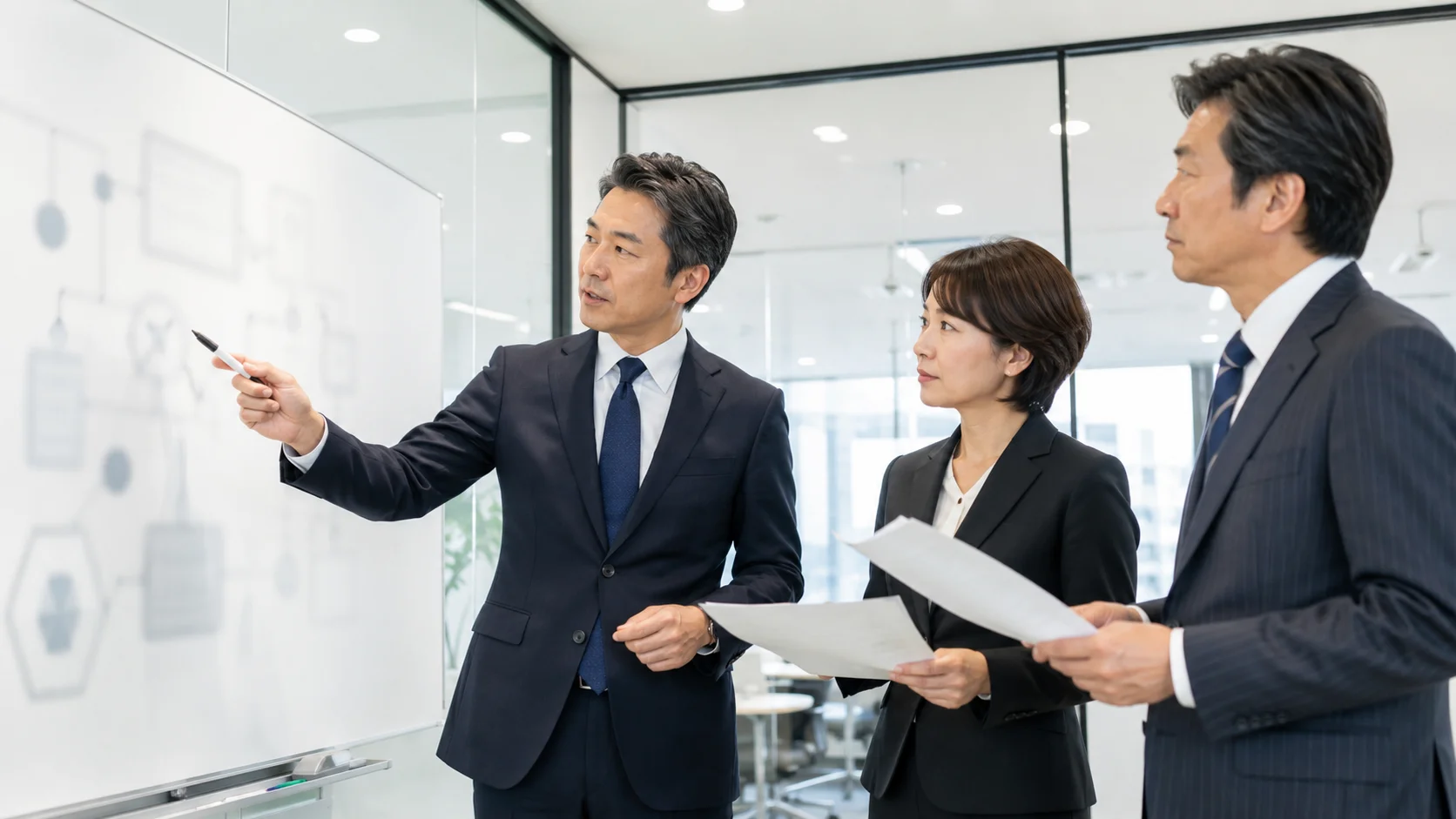 M&A実務の独自論点を専門家チームで検討するシーン