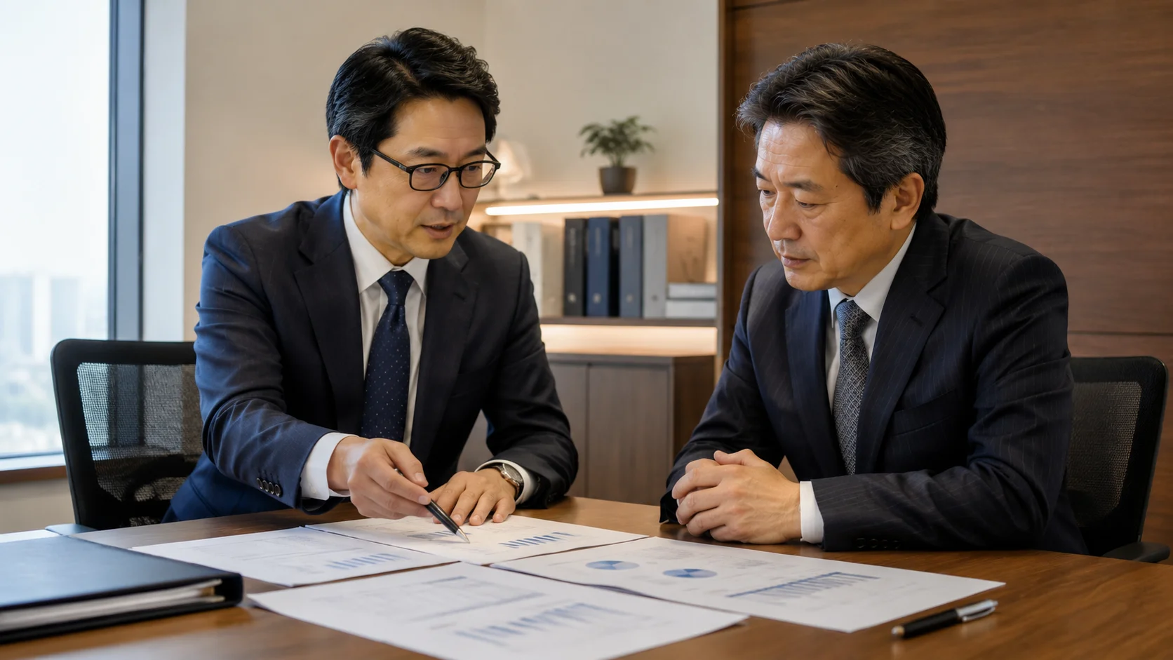自己株式取得・みなし配当課税のスキームを確認する専門家と経営者のイメージ