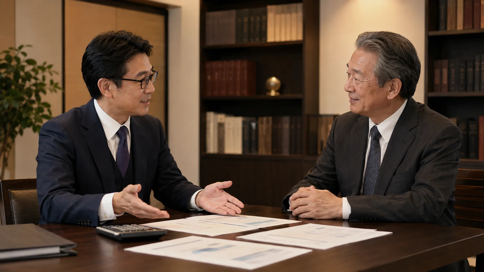 会社売却にかかる税金と費用を試算する経営者と税理士のイメージ