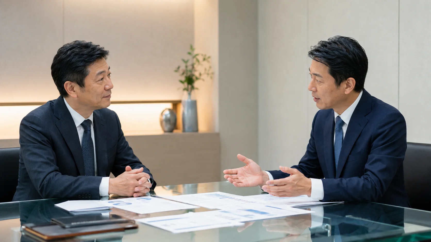 会社売却の交渉において中立的な専門家と戦略を検討する経営者のイメージ