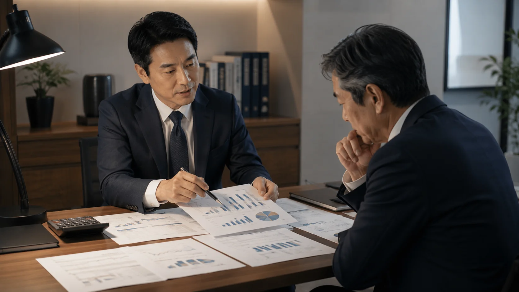 会社売却の企業価値評価を専門家と確認する経営者のイメージ