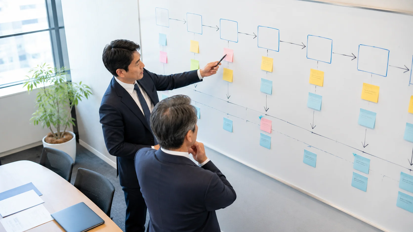 会社売却のプロセス全体を整理・確認している経営者と専門家のイメージ