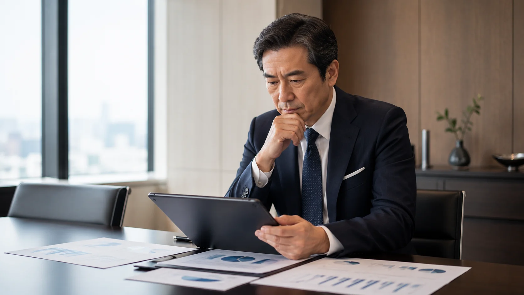 後継者不在の中小企業の実態を示す資料を確認している経営者のイメージ