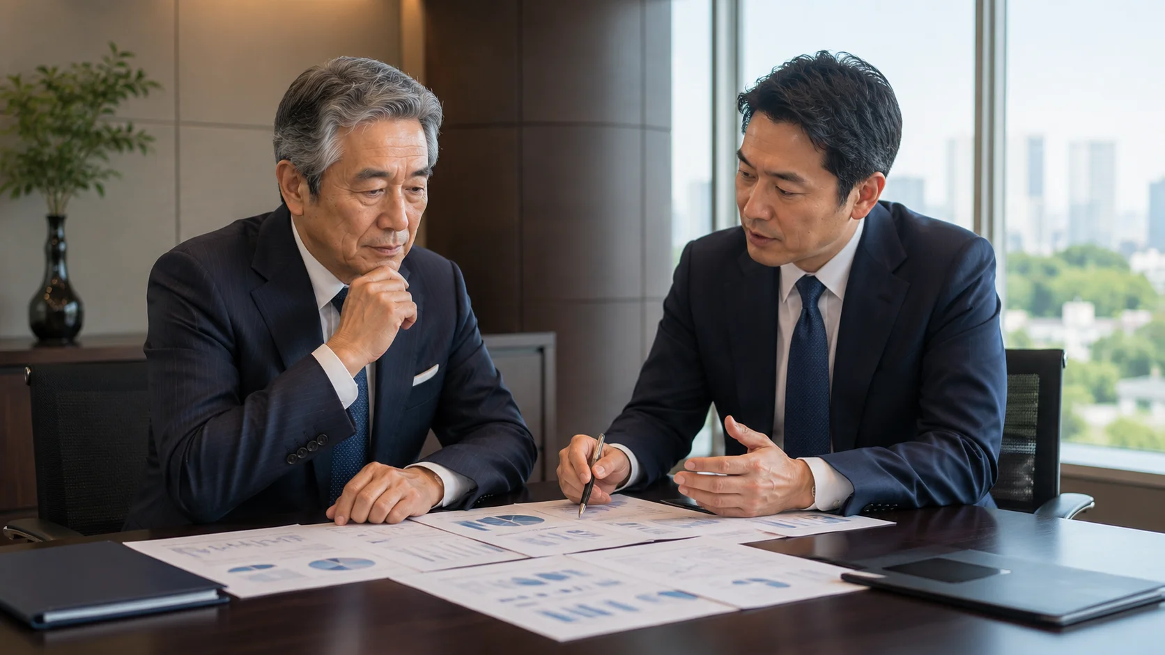 後継者不在が会社にもたらすリスクを専門家と確認する経営者のイメージ