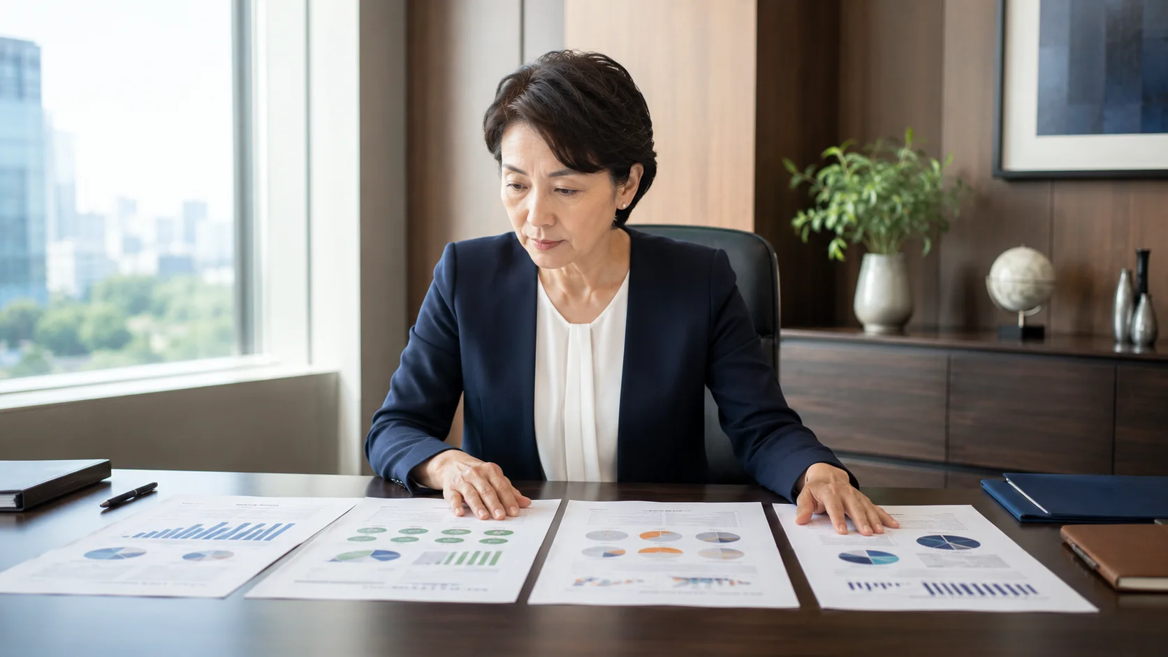 後継者不在時の選択肢を複数の資料で比較検討している経営者のイメージ