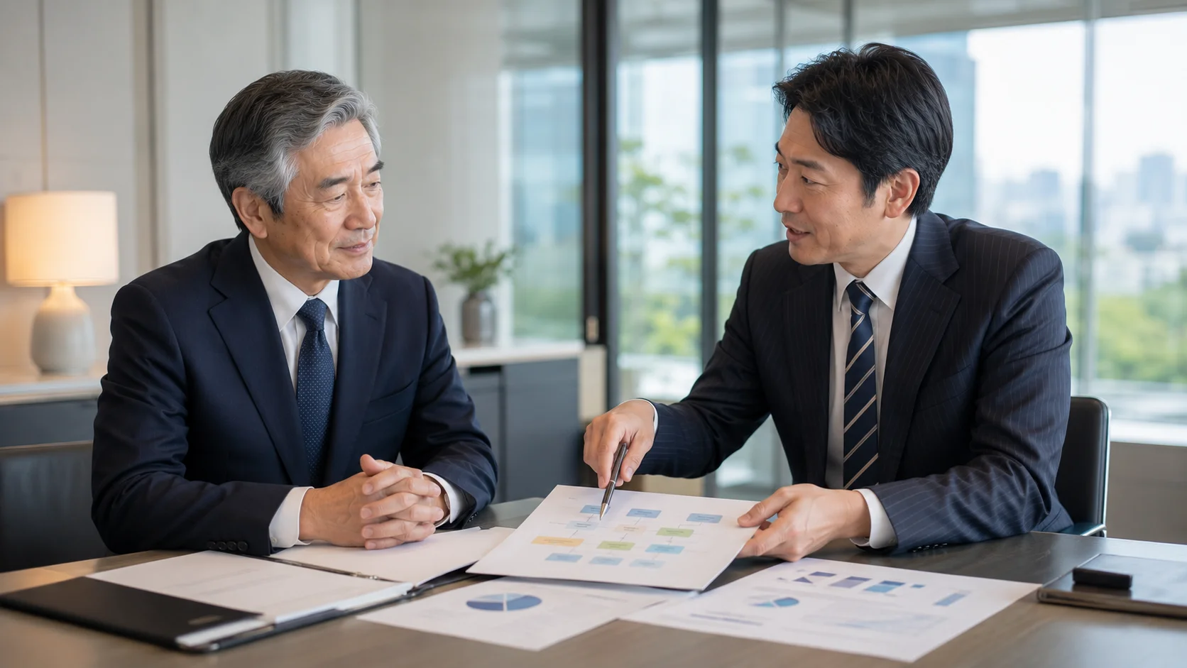 M&Aによる第三者承継のプロセスを専門家に説明してもらっている経営者のイメージ