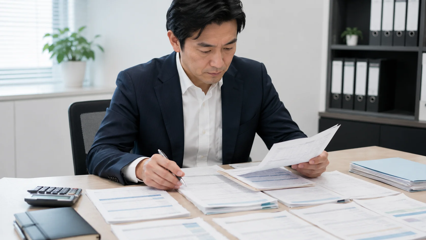 補助対象経費と対象外経費の内訳を確認する中小企業経営者