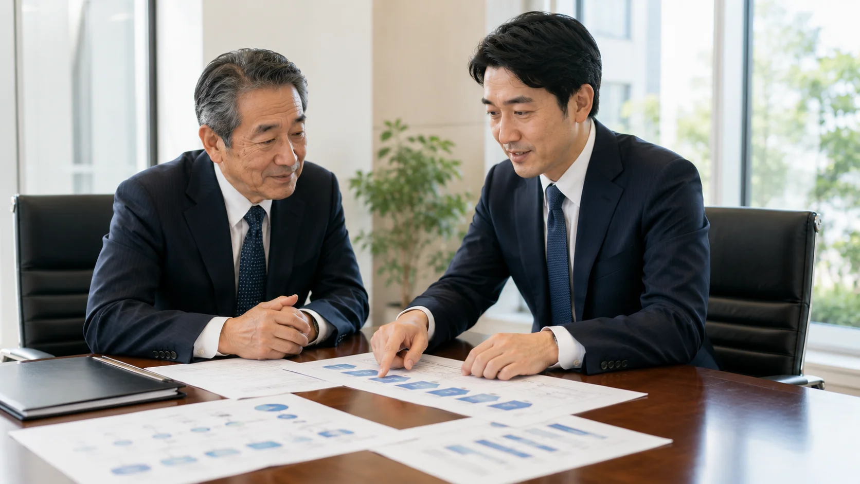 事業承継の手続きの流れをステップごとに確認している経営者と専門家
