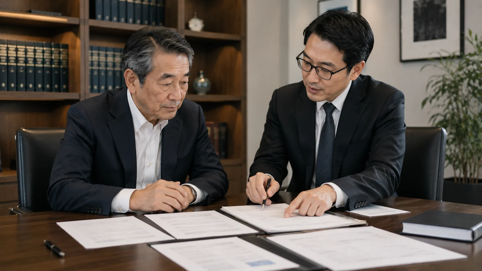 事業承継の法務書類を弁護士と確認している日本人経営者