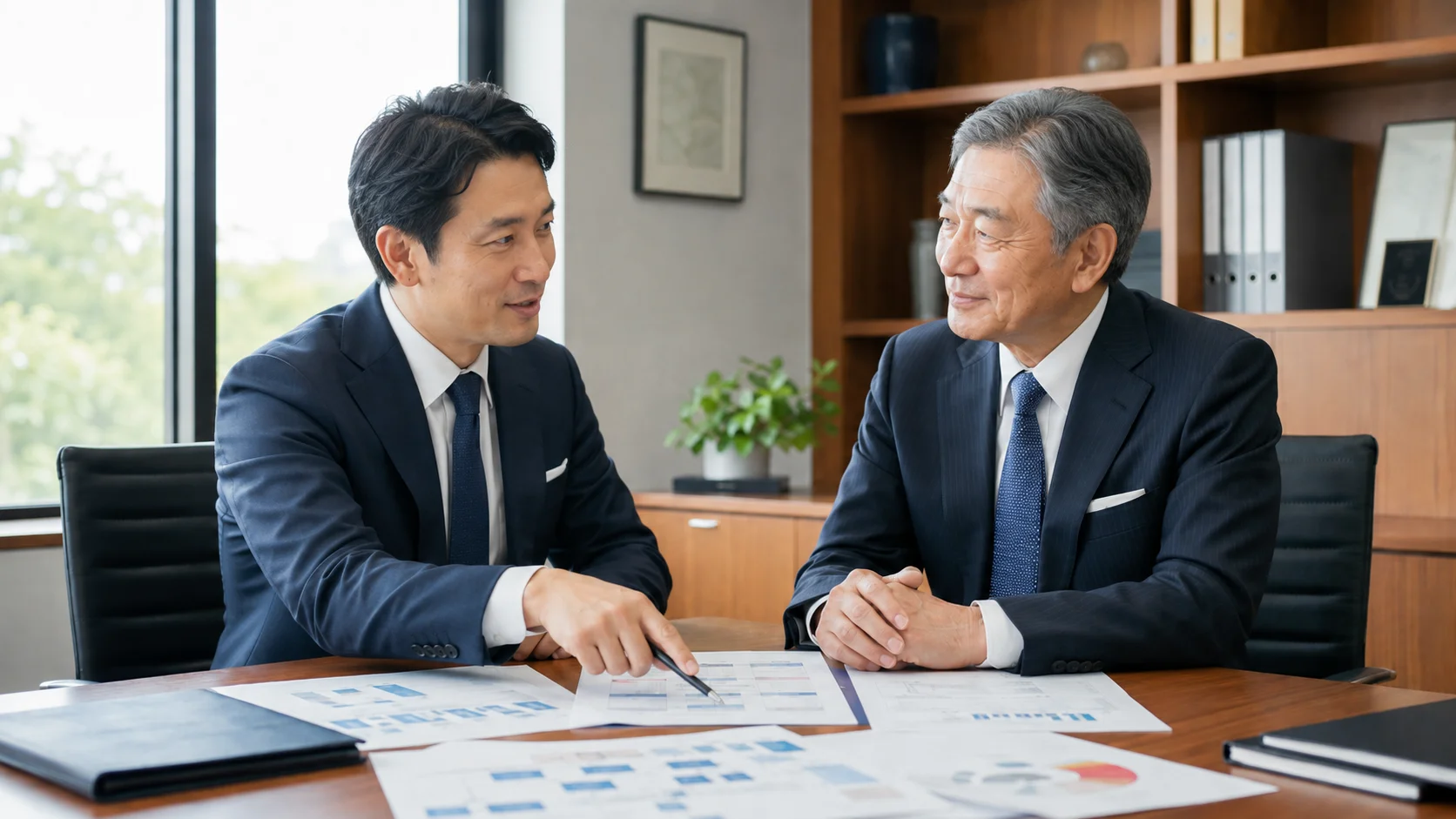 事業承継後に新経営体制の計画を立てている後継者と先代経営者