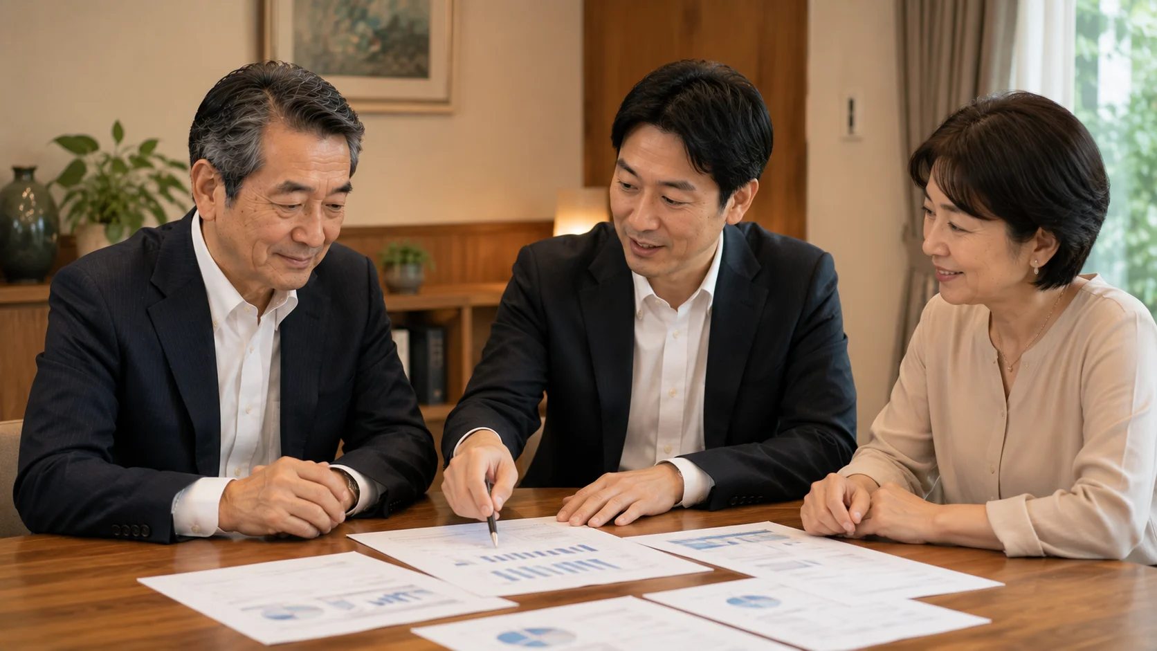 事業承継について家族が穏やかに話し合っているファミリーミーティングのシーン