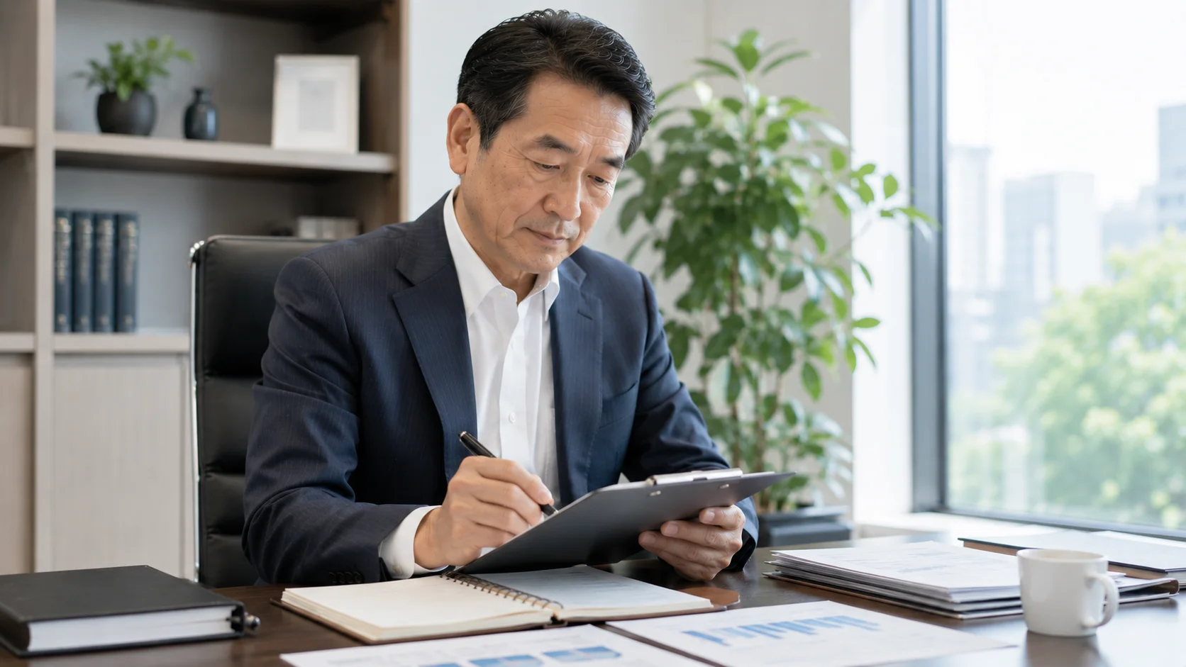 事業承継の準備チェックリストを使って確認作業を進めている日本人経営者
