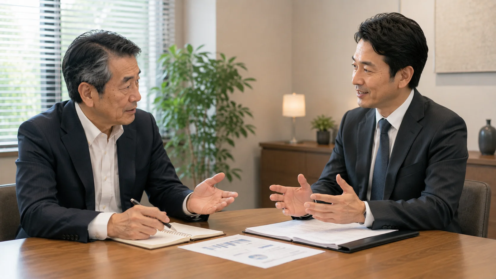 事業承継について専門家に疑問点を相談している日本人経営者