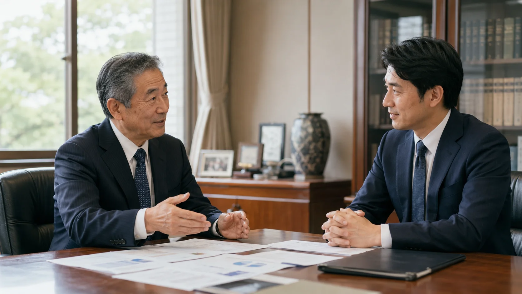 親族内承継を検討する経営者と後継者が事務所で向き合っているシーン