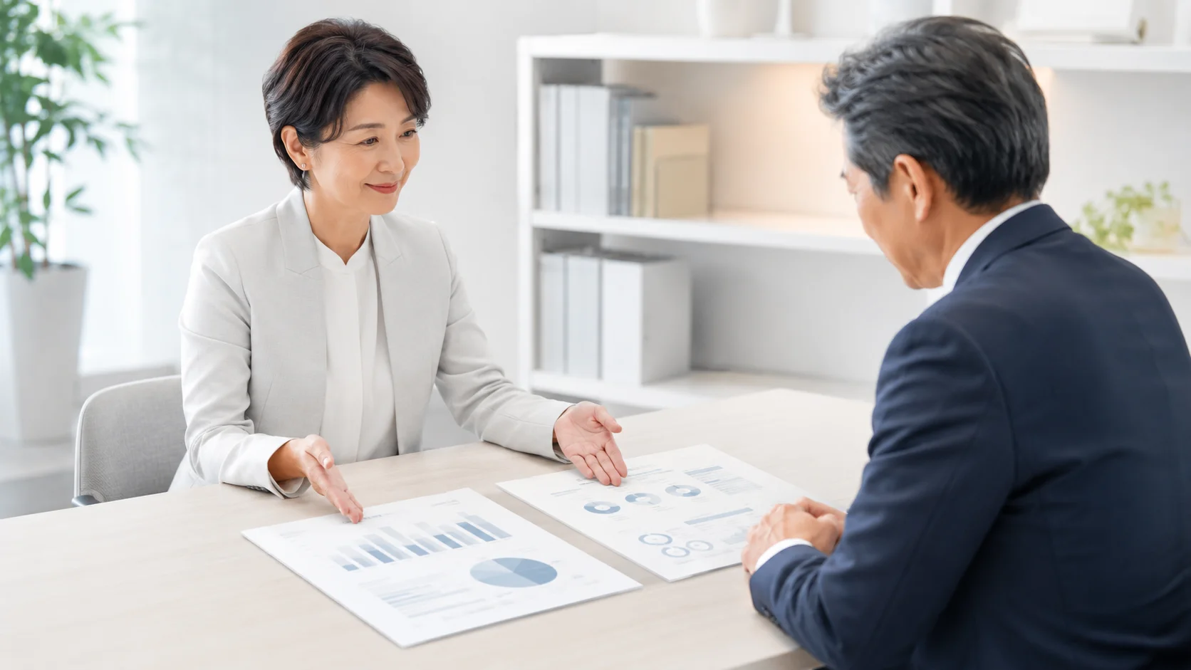 2つのM&A手法を示す書類を並べて専門家に説明を受ける日本人経営者