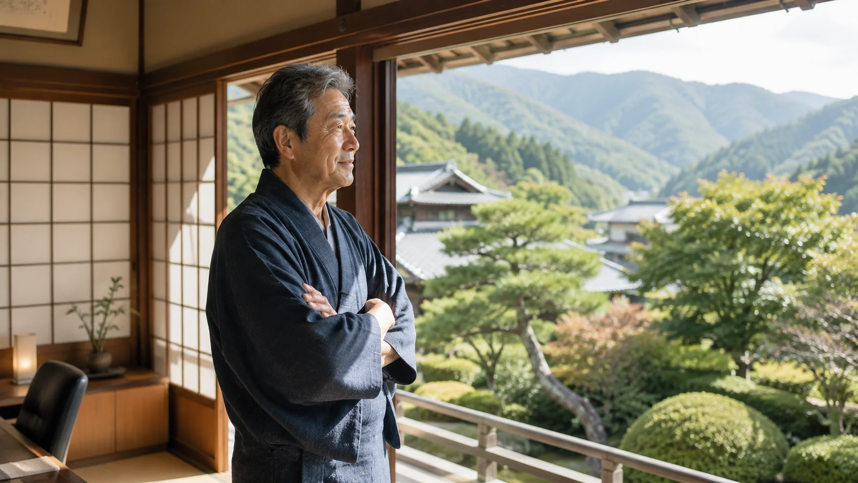 M&Aによる事業承継を決意し、前向きな表情で窓の外を眺める日本人旅館オーナー