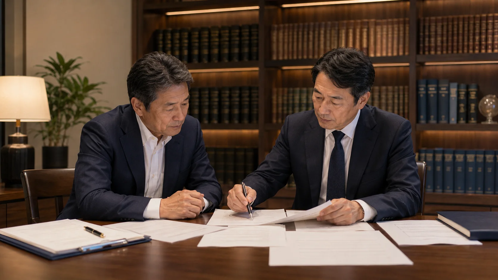 M&A契約書を弁護士と慎重に確認する日本人ホテルオーナー