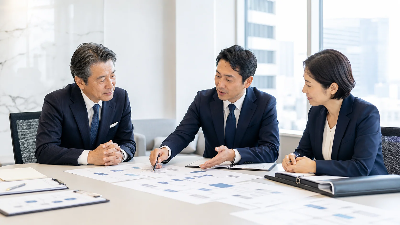 M&Aの各ステップを示した資料を前に複数の専門家と打ち合わせをする日本人経営者