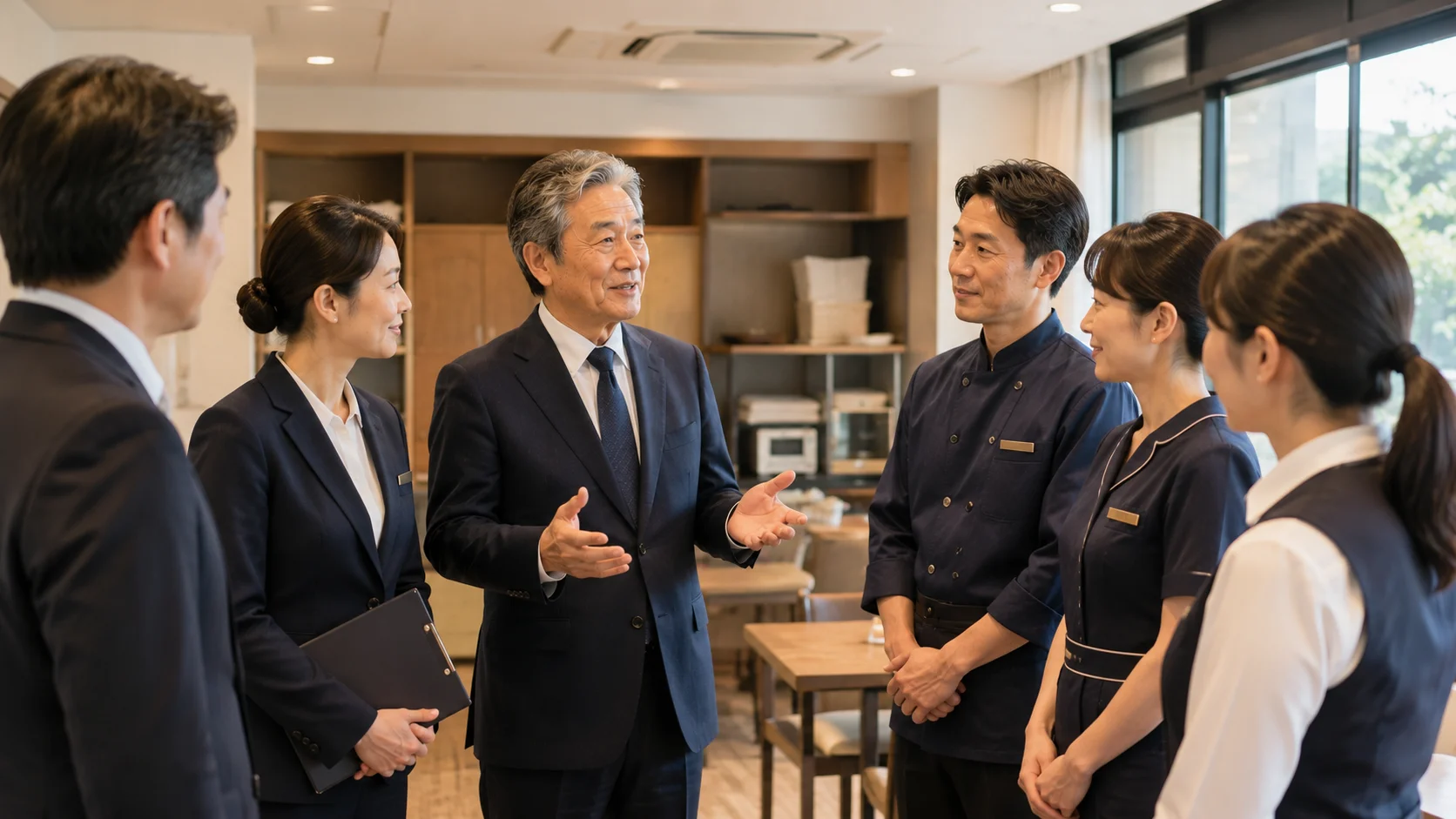 M&A成立後のホテルで新旧スタッフが引き継ぎを行う場面