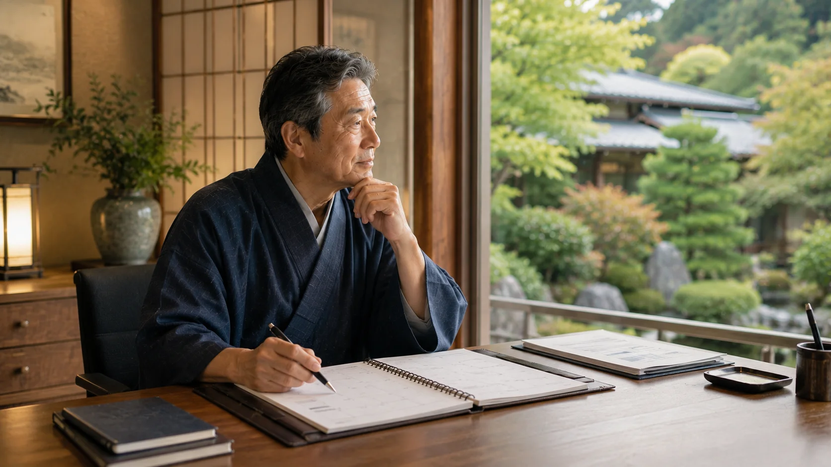 旅館経営の将来について手帳やカレンダーを前に思案する日本人オーナー