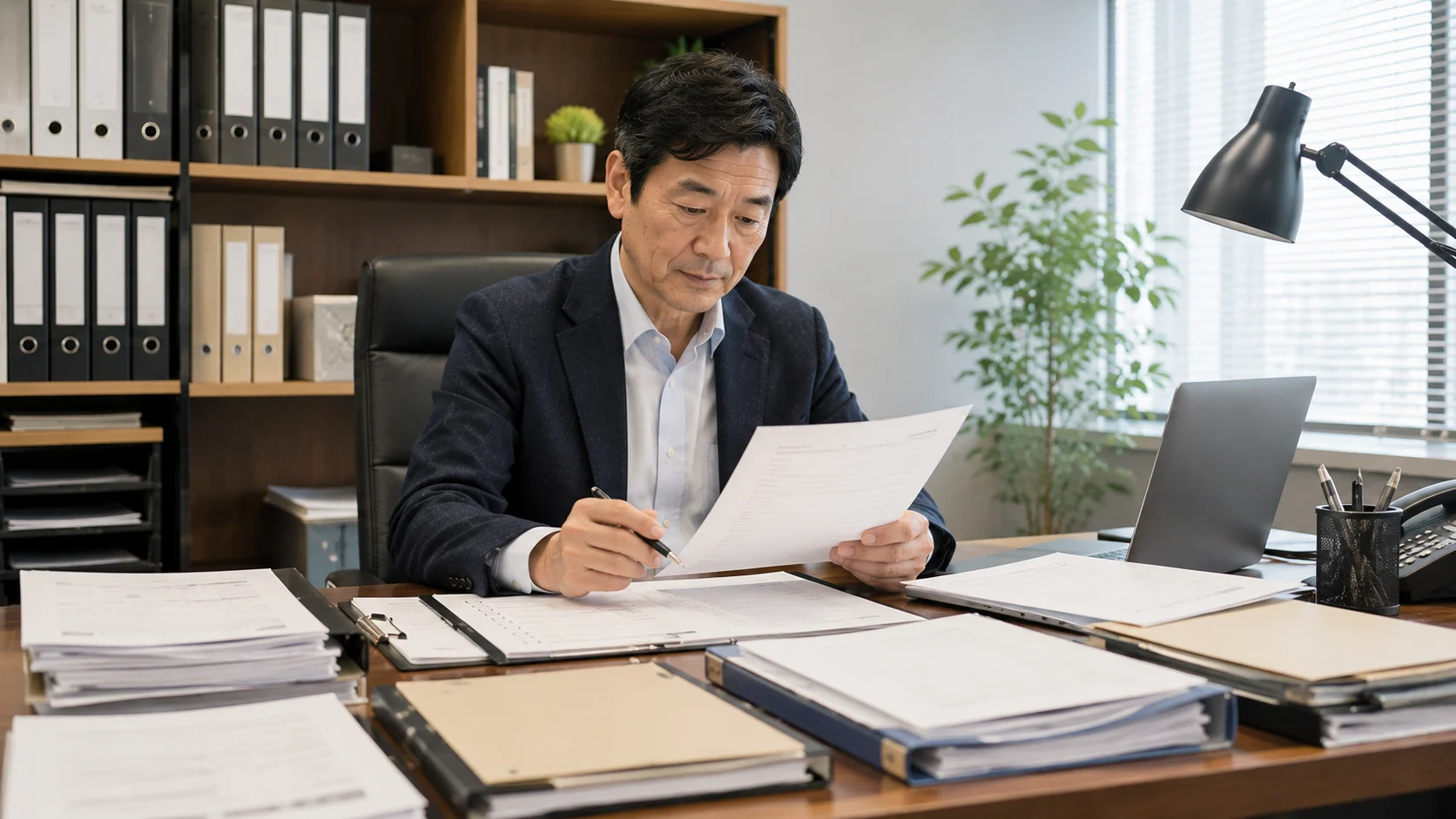 M&A売却前の準備書類をチェックする日本人ホテル経営者