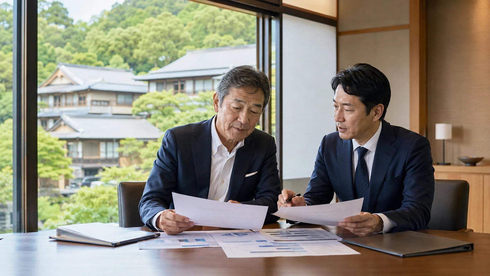 ホテル・旅館のM&Aを検討する経営者と専門家が会議室で資料を確認しているシーン