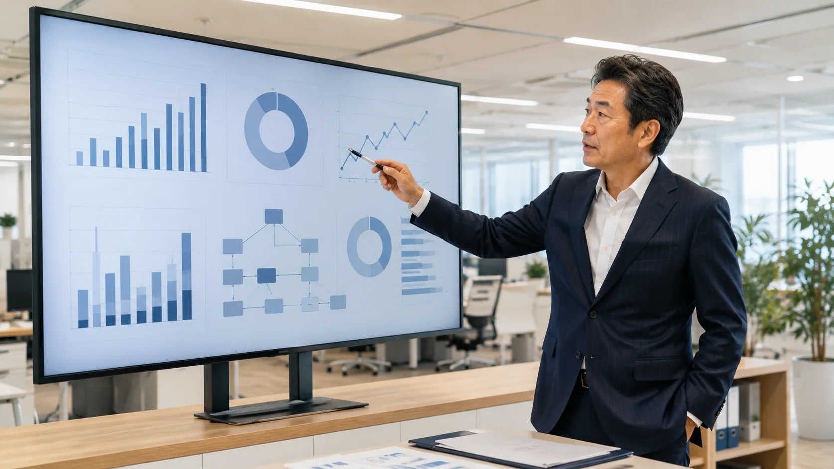 印刷業界のM&A動向を分析する経営者のビジネスシーン