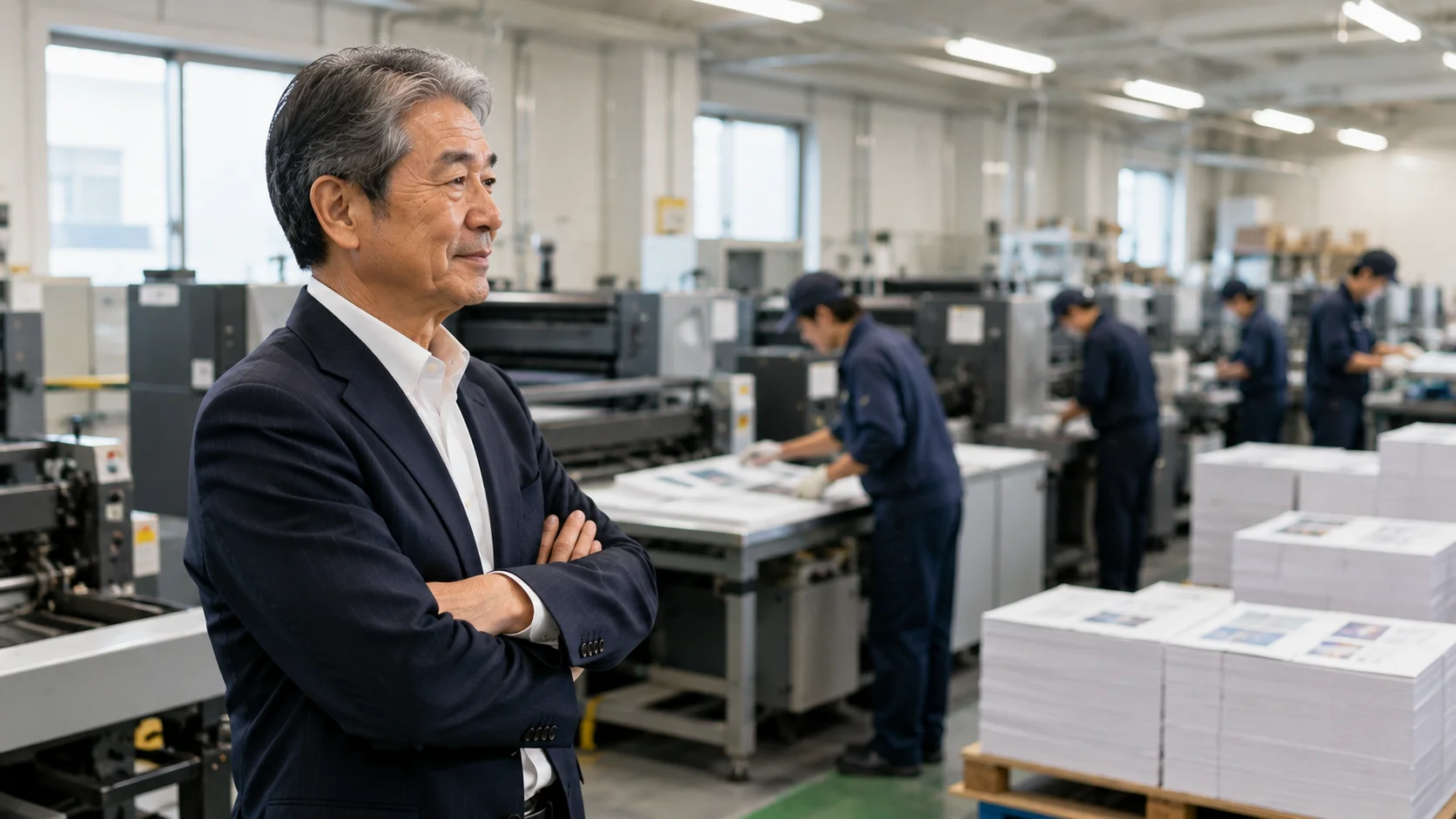 印刷会社の経営者がM&Aのメリットを理解し前向きに検討するシーン