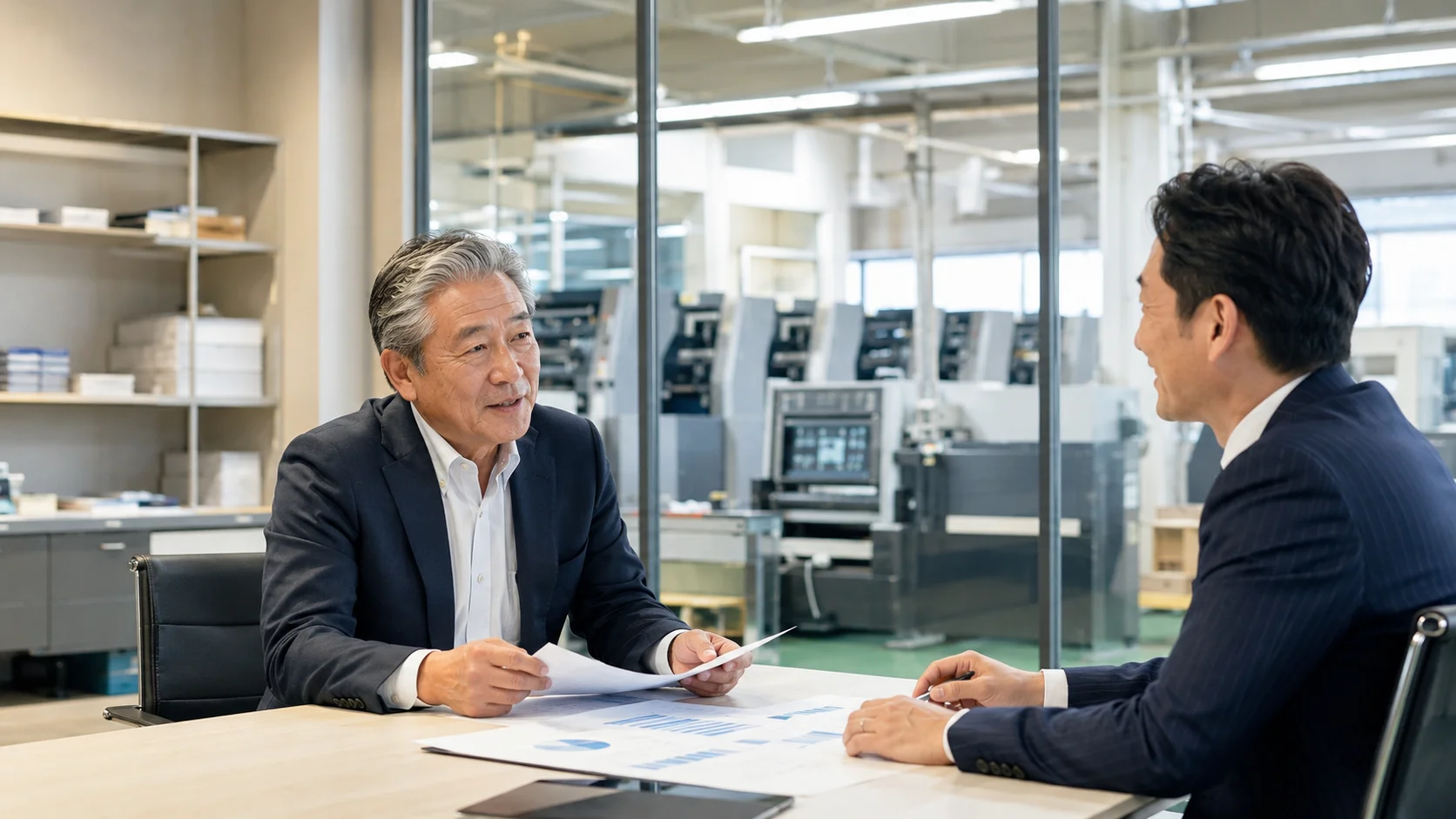 印刷会社のM&Aを検討する経営者が専門家と相談している場面
