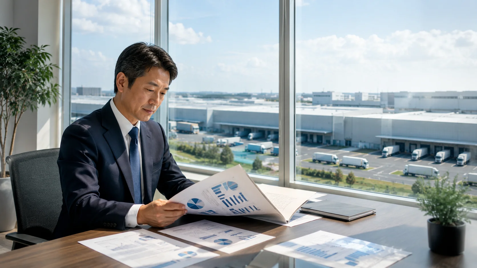 物流業界の市場規模を示すデータ資料を確認しているビジネスパーソン